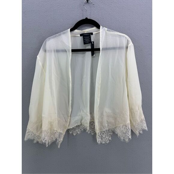 NWT Cézanne Womens Cream Lace Trim Sheer Negligee Kimono Cardigan Top One Size - Picture 3 of 8